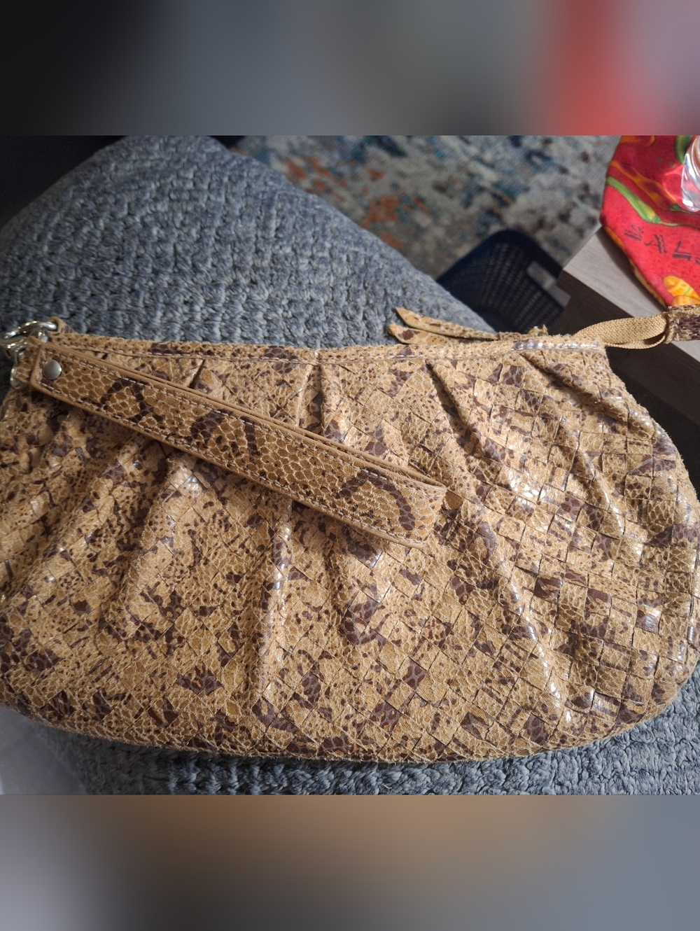 Adrianna Papell Tan Snake-Print Wristlet Clutch